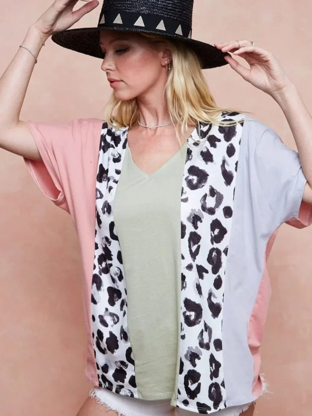 BiBi Cotton Span Knit With Leopard Color Block Top